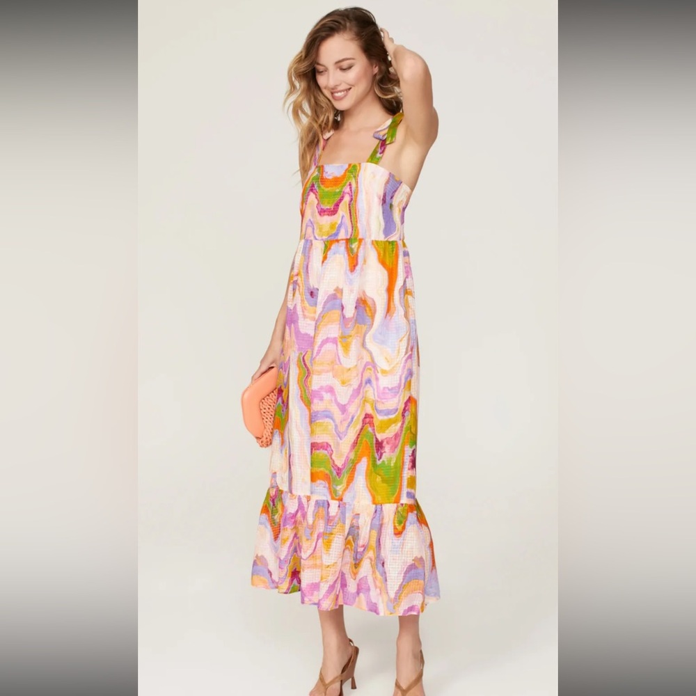 Marie Oliver Multicolor Pink Green Orange Wave-Print Maxi Dress